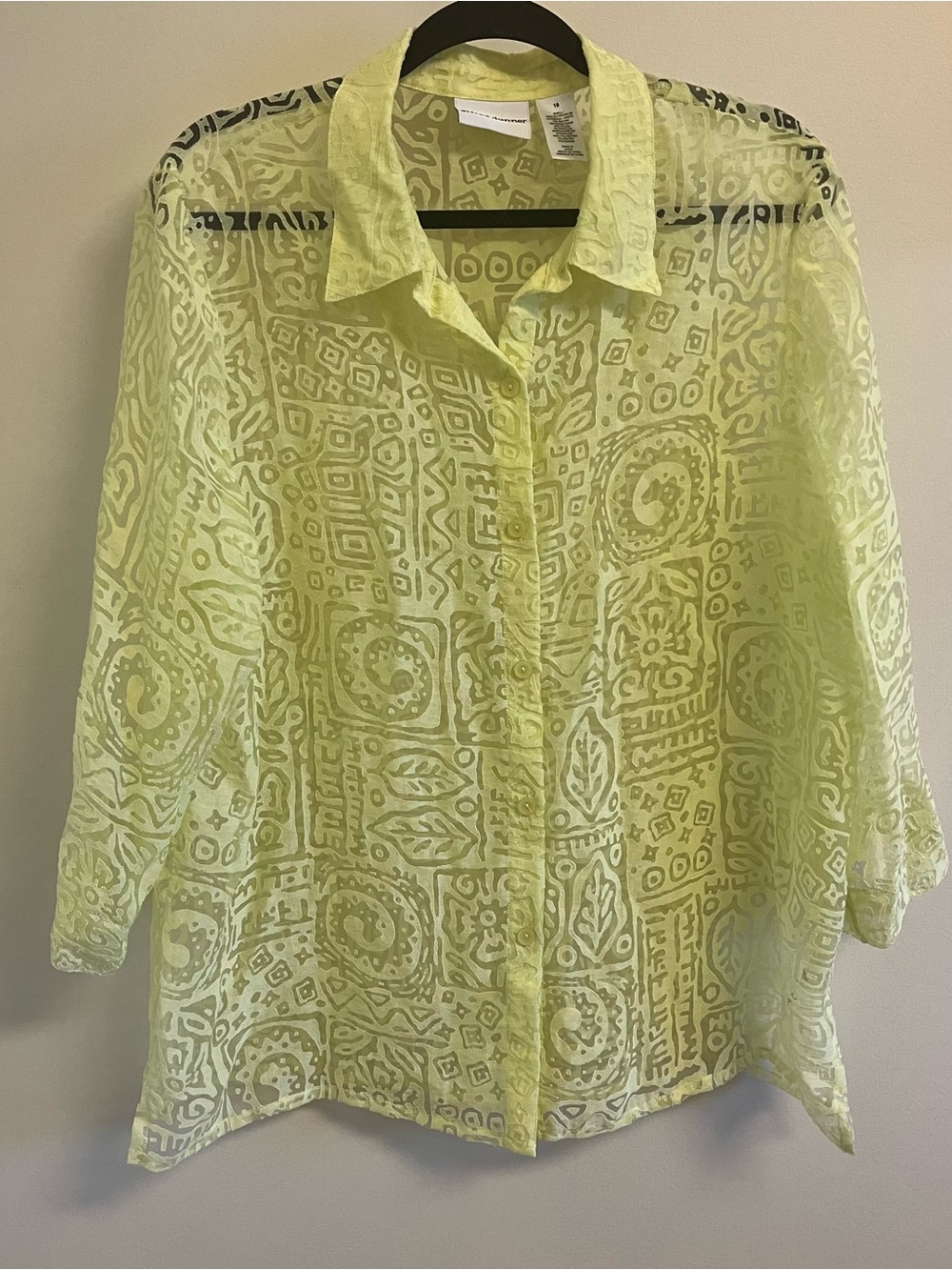 Women’s Sheer Yellow Geometric Abstract 3/4 Sleeve Fairy Blouse Swim Cover-up 18
